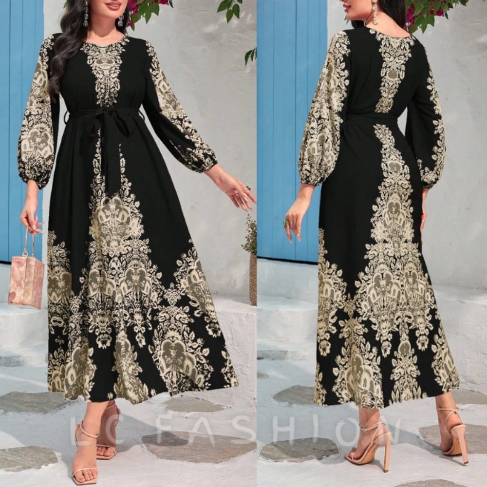 Belted Dress, Boho Floral Print Lantern Sleeve Belted Dress, Summer Dress